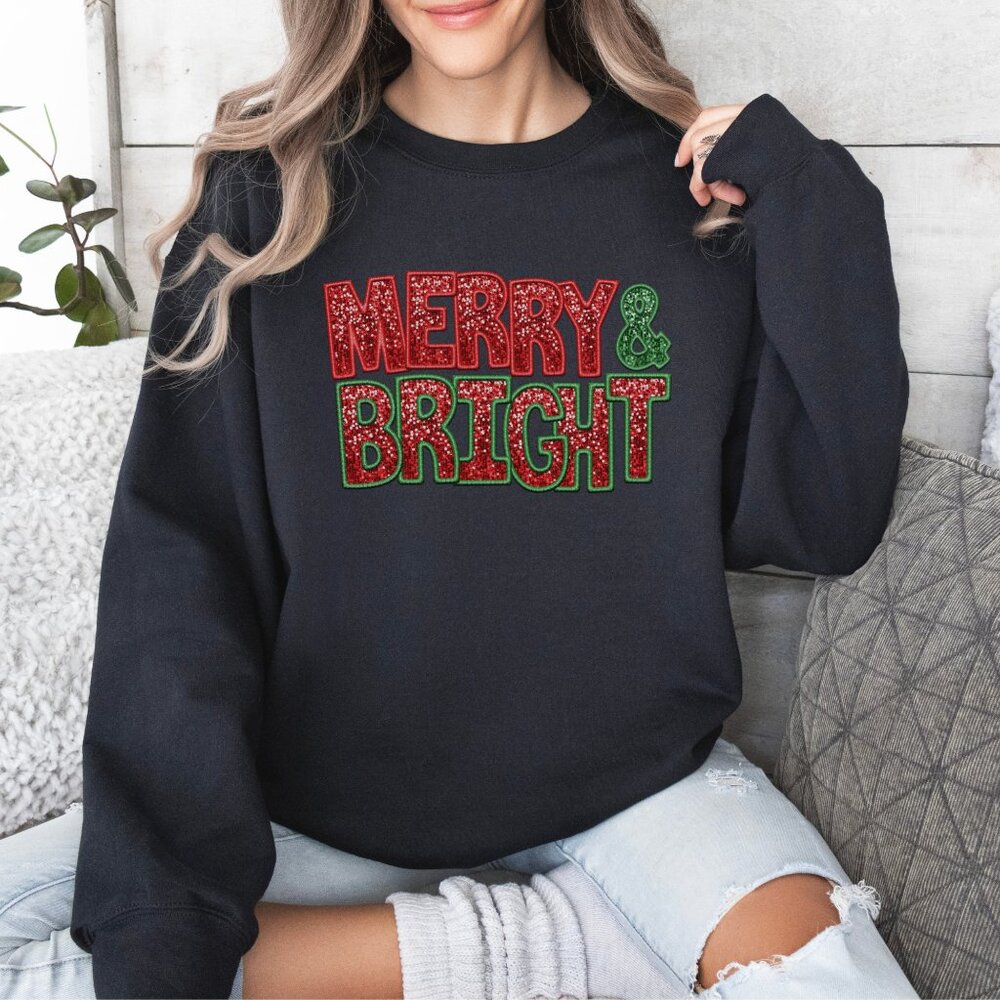 BLACK, SPARKLY FAUX EMBROIDERY MERRY AND BRIGHT SWEATSHIRT, GILDAN 18000